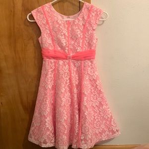 Pink floral dress with tulle overlay